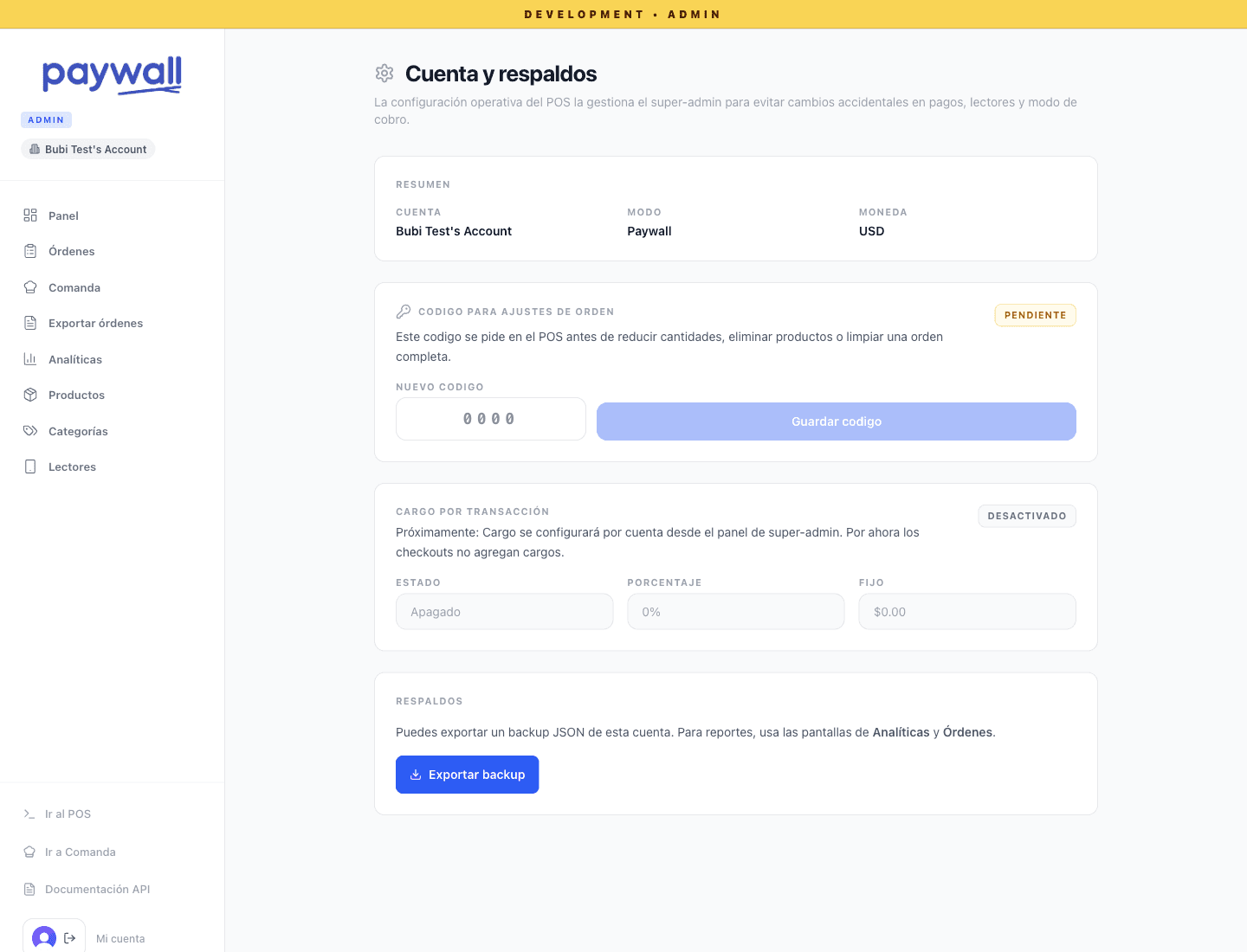 Página real de configuración administrativa de Paywall POS