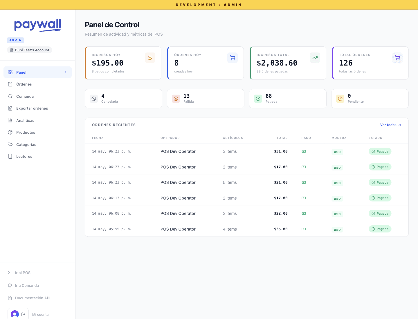 Panel administrativo real de Paywall POS con métricas y órdenes recientes