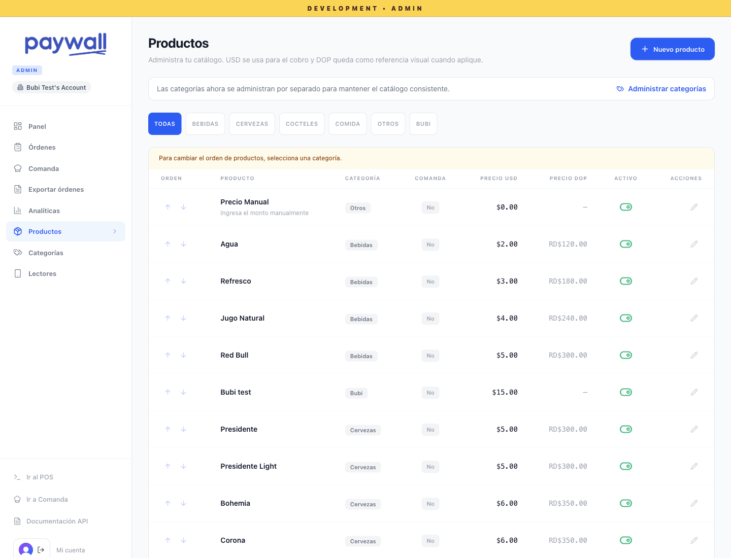 Página real de administración de productos de Paywall POS