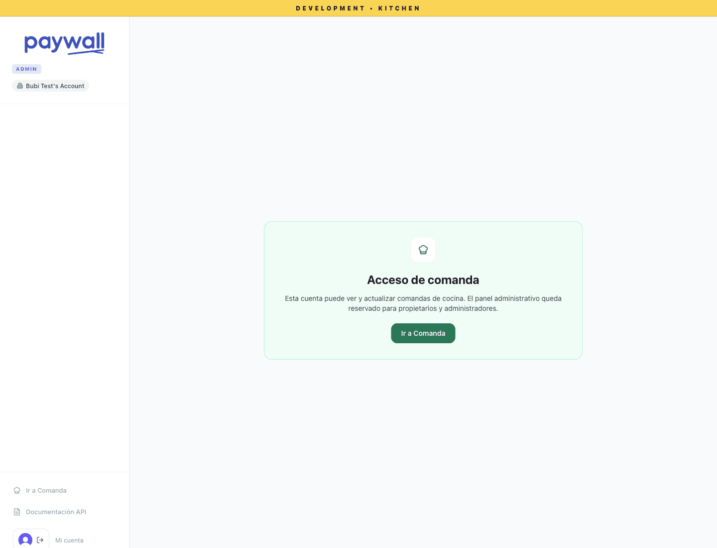 Pantalla real que bloquea el admin para la cuenta de cocina