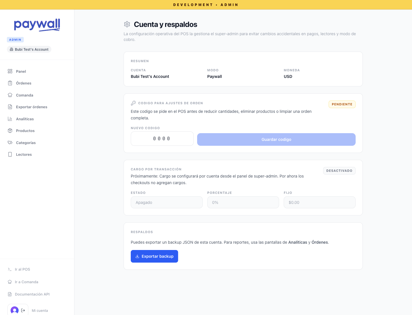 Página real de configuración administrativa de Paywall POS